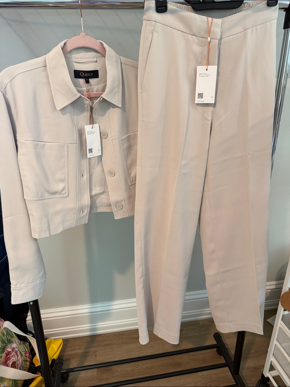 NEW! Quince Women's Cream Suit with Cropped Jacket and Straight-Leg Trousers